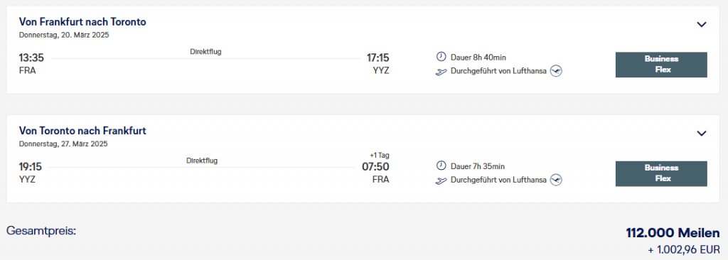 Bild eines Preises einer regulären Buchung eines Business-Class-Fluges mit Meilen von Frankfurt nach Toronto für 112000 Meilen und 1002,96€ Zuzahlung