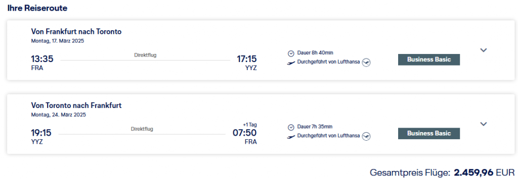 Bild eines Preises einer regulären Buchung eines Business-Class-Fluges von Frankfurt nach Toronto für 2459,96€