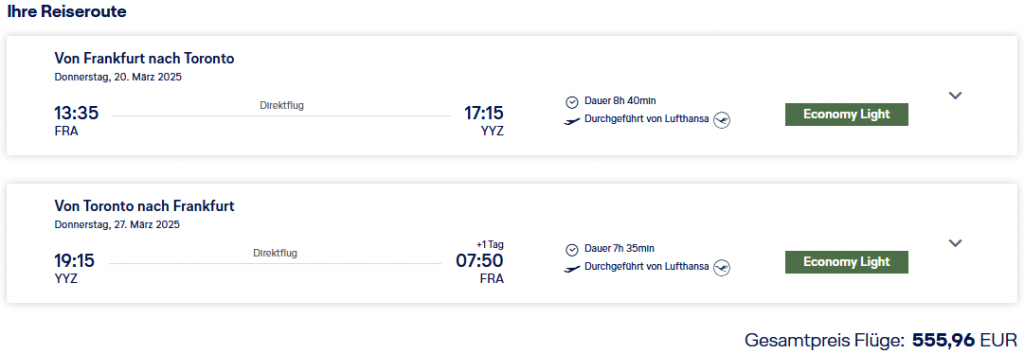 Bild eines Preises einer regulären Buchung eines Economy-Class-Fluges von Frankfurt nach Toronto für 555,96€