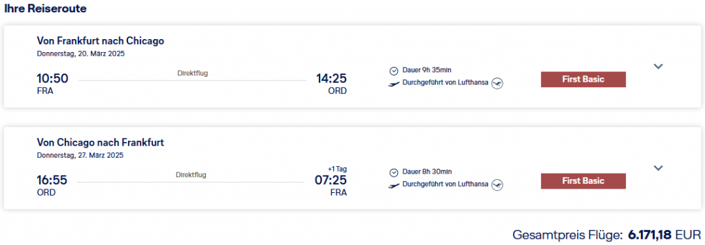 Bild eines Preises einer regulären Buchung eines First-Class-Fluges von Frankfurt nach Chicago für 6171,18€