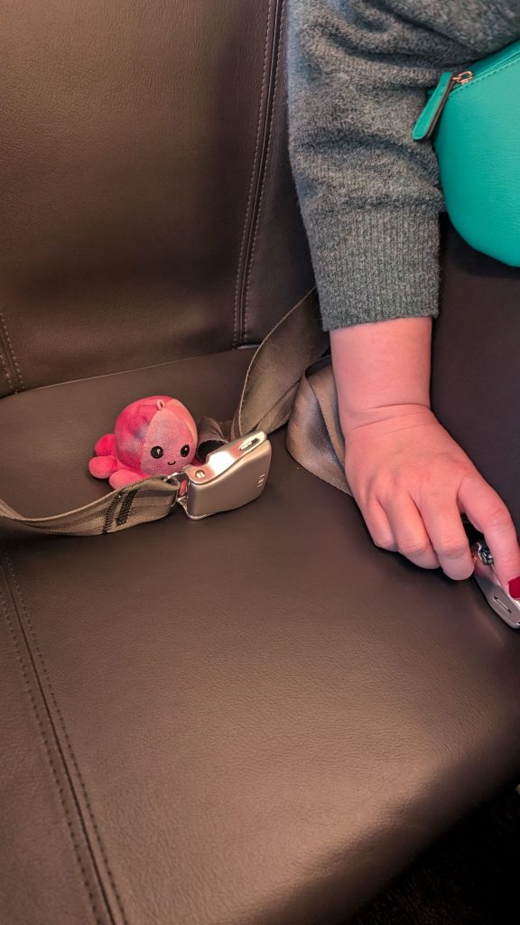 Kleiner roter Plüsch-Oktopus sitzt angeschnallt auf einem Flugzeugsitz